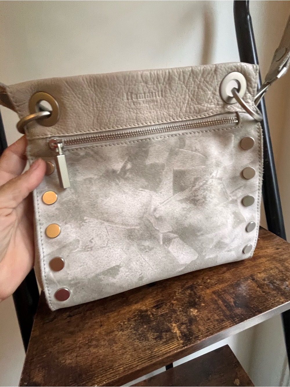 Neutral Grey Suede/Leather Crossbody Bag with Metallic Stud Accents